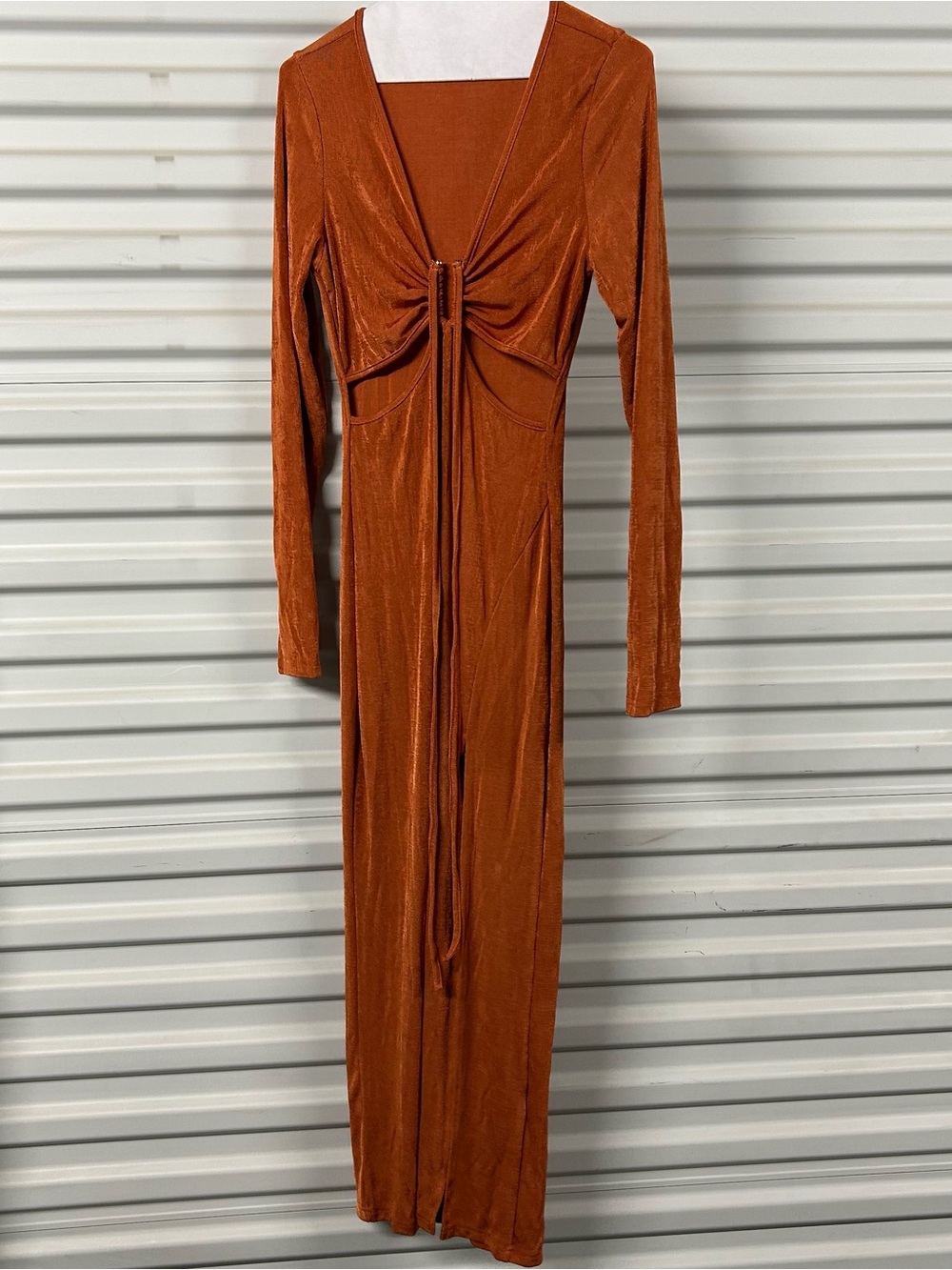 SHEIN Rust Long Sleeve Tie-Front Maxi Dress
